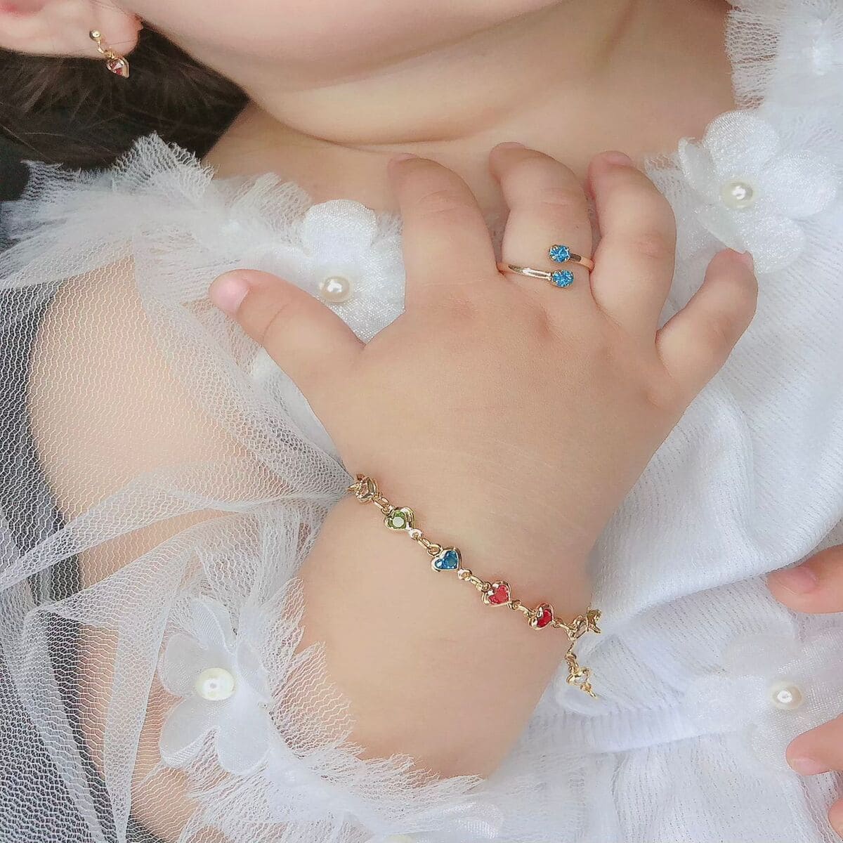 Pulseira Infantil Corações coloridas de Luxo Banhada a Ouro 18k - PL01