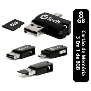 Pen Drive OTG uTech 8GB 3 Em 1 USB 2.0 Adaptador Micro Sd E Micro Usb - Foto 0
