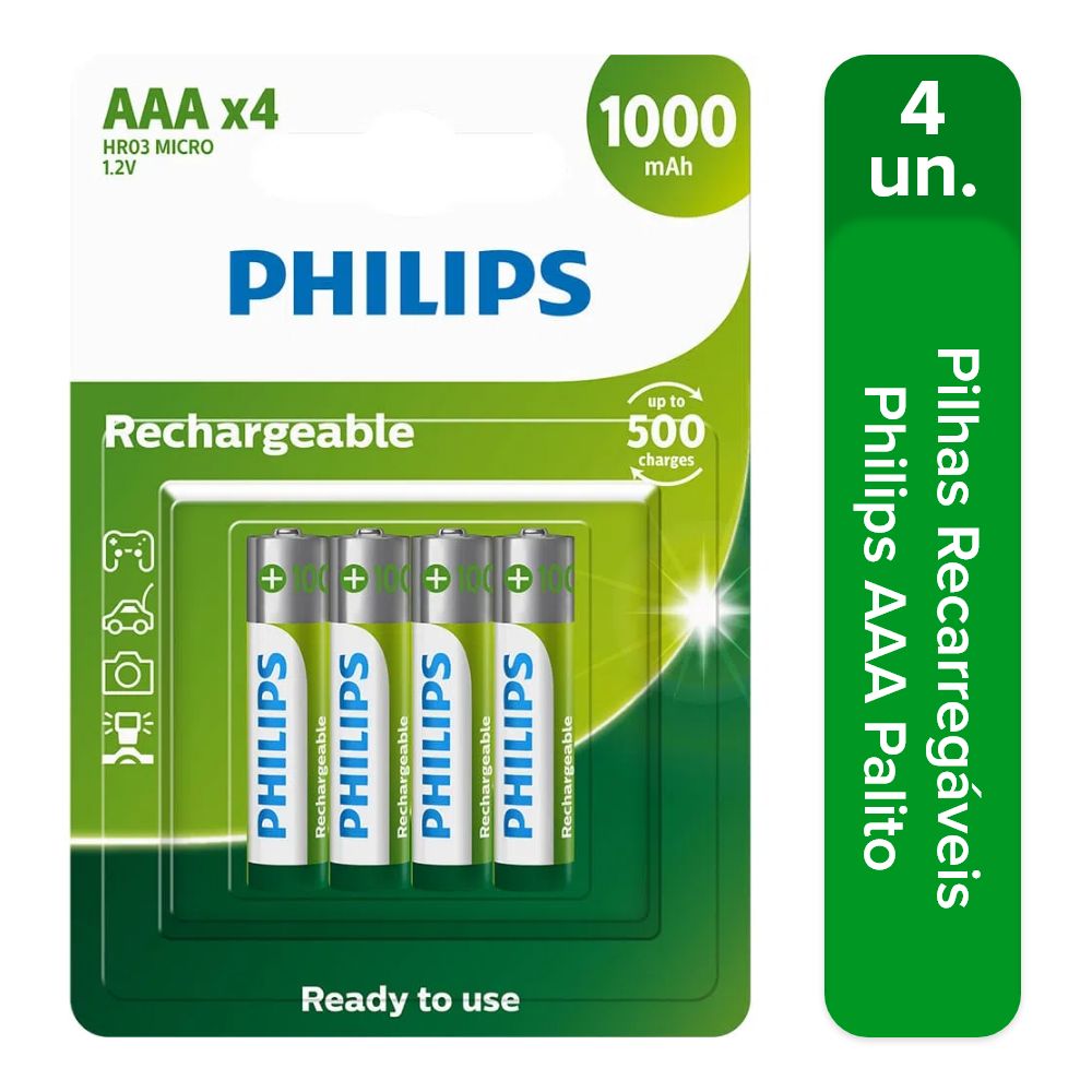 Pilhas Recarregáveis Philips AAA Palito Cartela Com 4 Unidades - Foto 0
