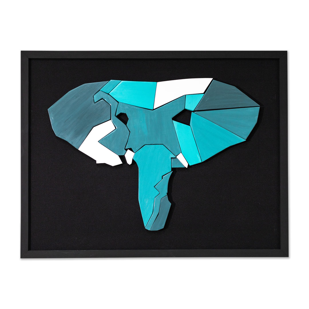 Quadro mosaico Elefante da Savana Azul com fundo em linho escuro  - Fubbá - Objetos Inteligentes