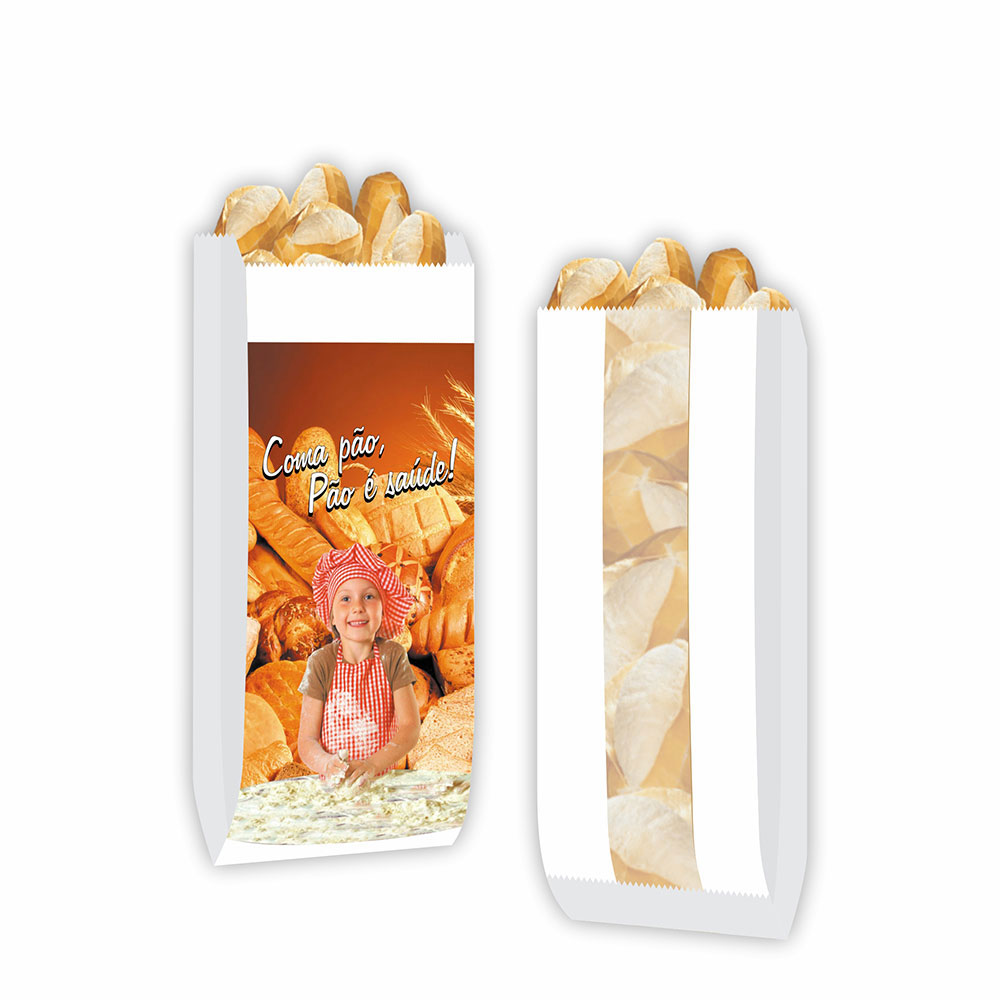 Saco Papel Kraft Branco com visor - impresso - Coma Pão. Pão é Saúde N°05 - 500 unidades