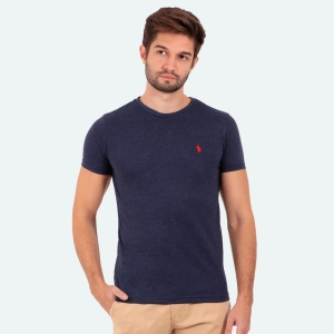 Camiseta Ralph Lauren Slim Fit Mescla Azul com Logo Vermelha