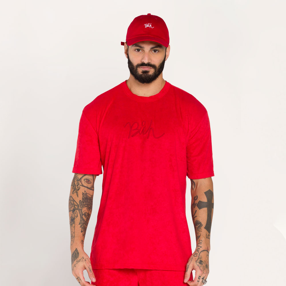 Camiseta Buh Oversized Atoalhada Bordado Vermelha
