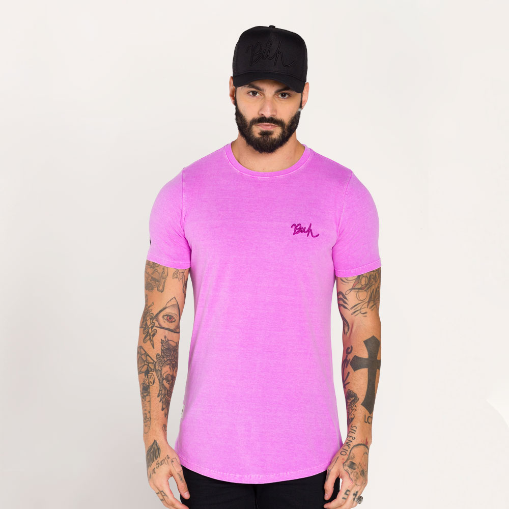 Camiseta Buh Slim Neon Lavada Rosa Neon