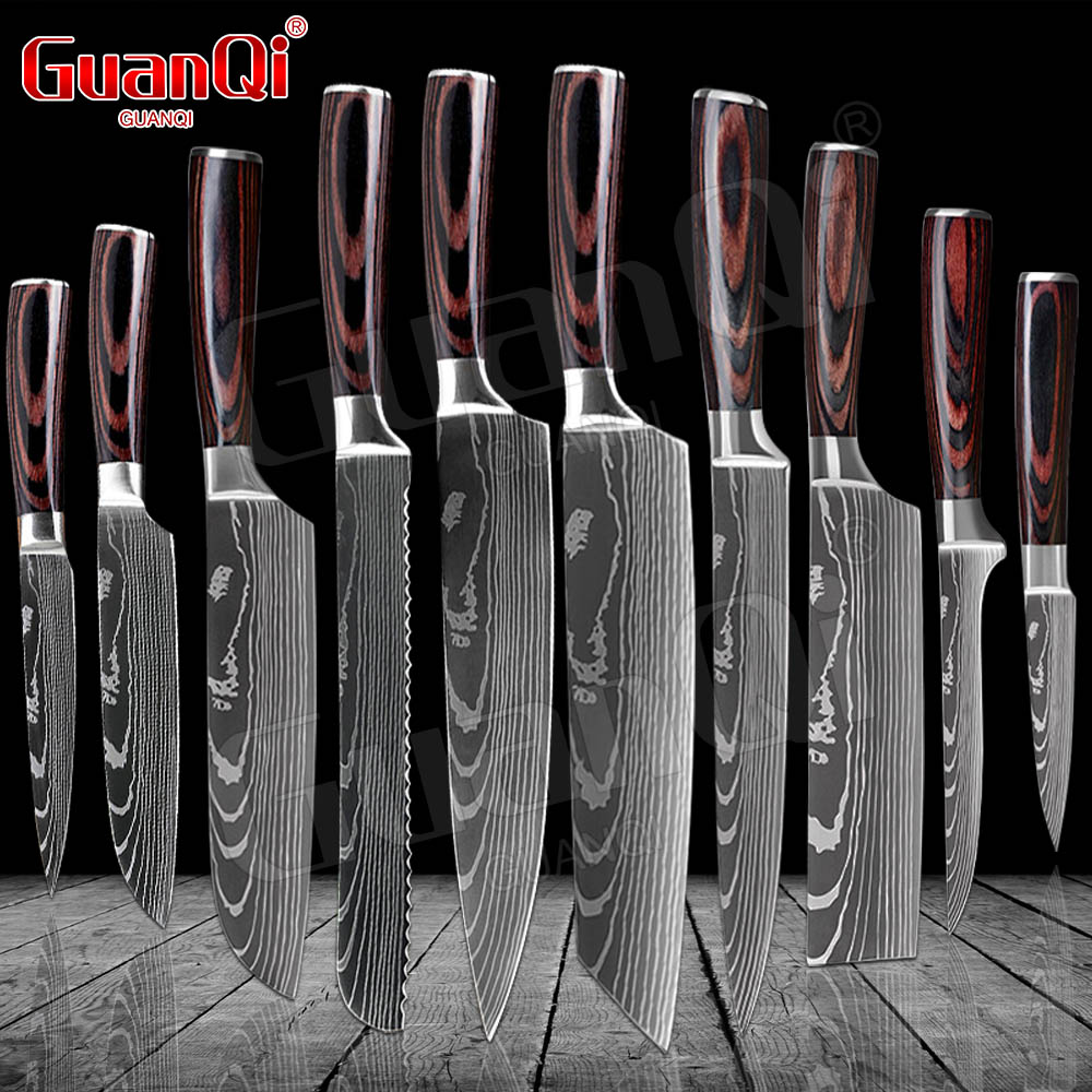 Conjunto de facas de cozinha profissionais, cutelo afiado para cortar faca, cabo de madeira, ferramenta de cozinha, estampa a laser de damasco
