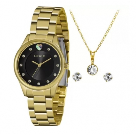 Relógio Feminino Lince Kit Colar e Brinco Dourado LRGJ138LKZ54