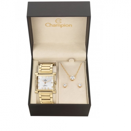 Relógio X Champion Dourado Kit Colar e Brinco CN28768W