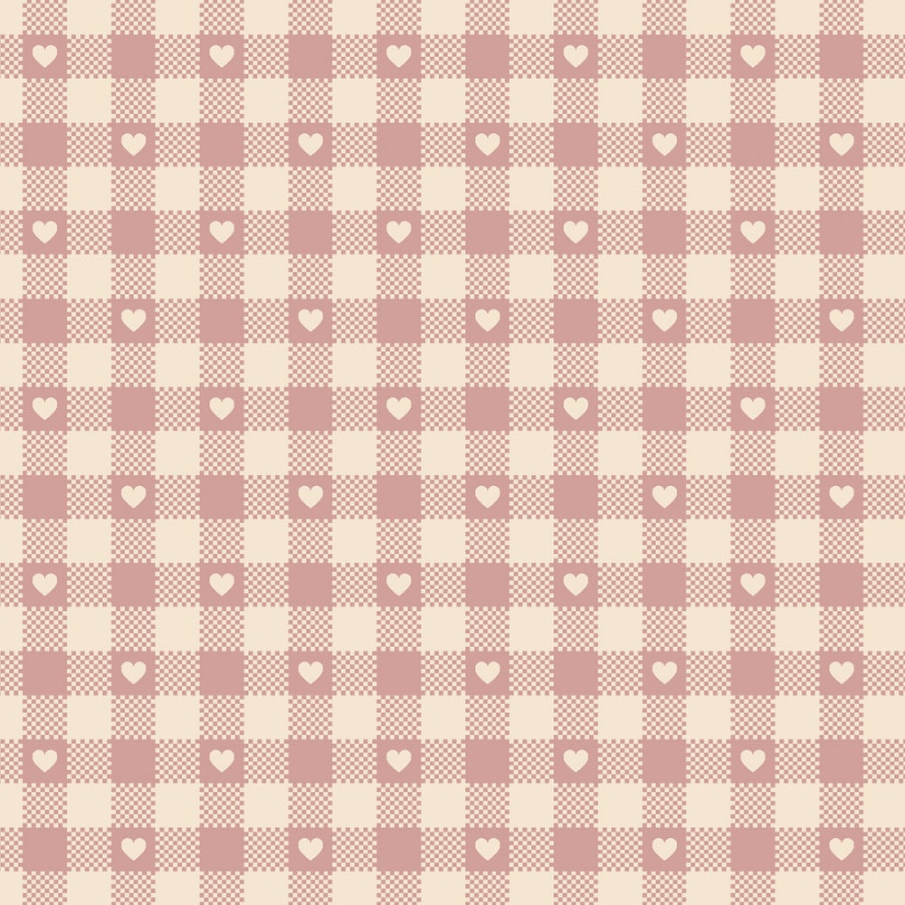 FABRICART - Mini Corações no Xadrez Rosé - Basics Country - 25cm X 150cm - Tecido Tricoline