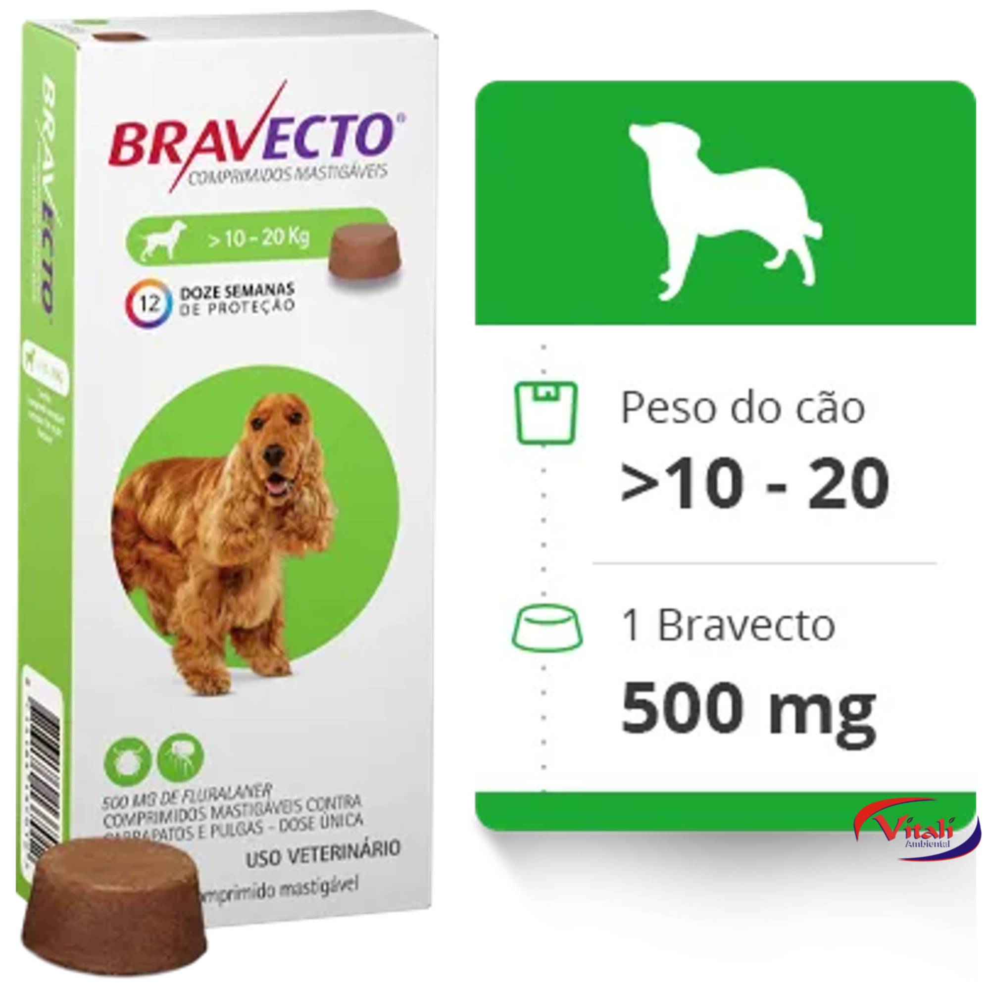 Bravecto Cães 500MG Comprimidos Palatáveis de 10kg até 20kg + 1 BRINDE PET PLAY!!