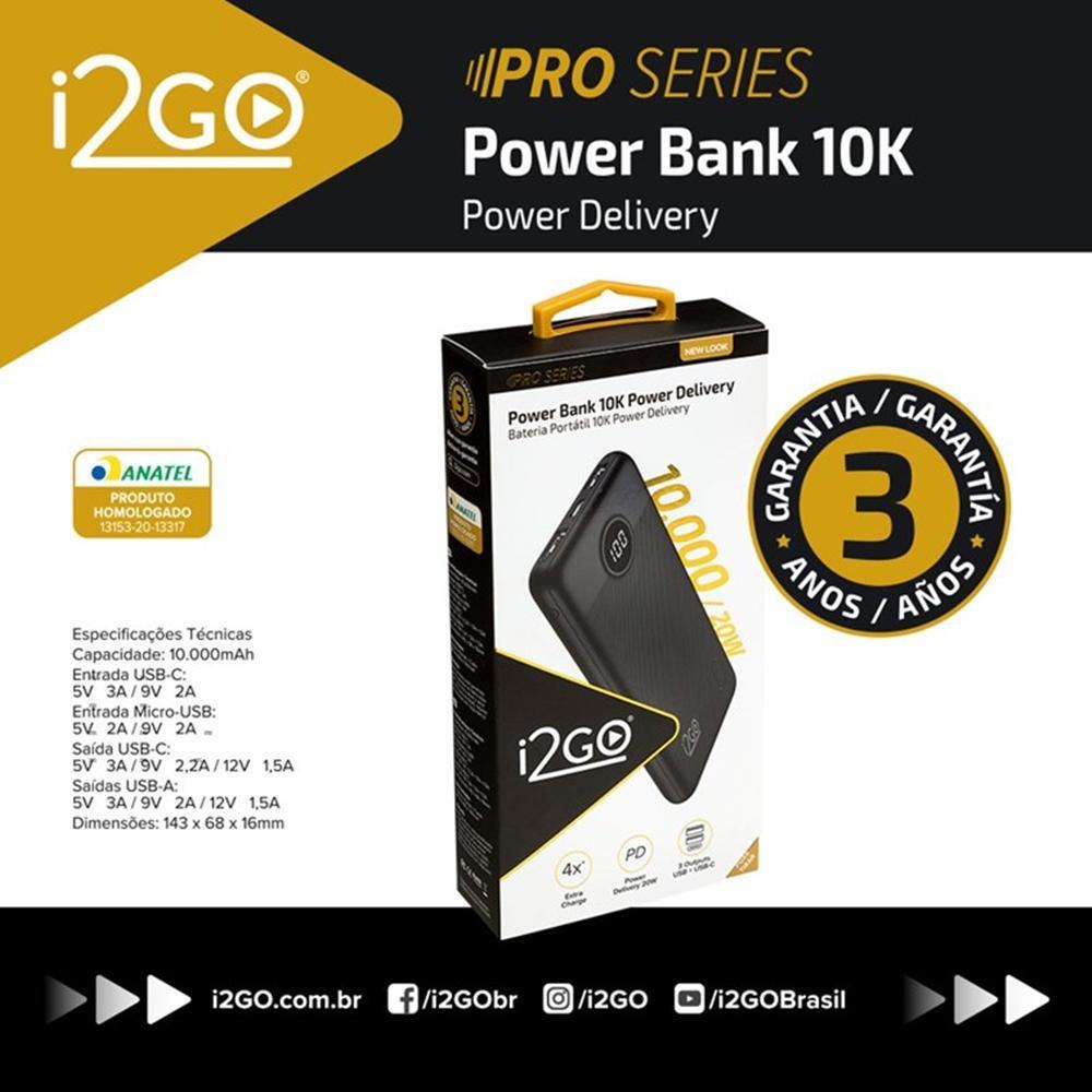 Bateria Portatil Carregador Power Bank 10000 mAh V2 I2GO Pro Séries