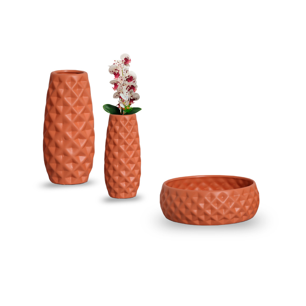 Dupla de Vasos Decorativo em Cerâmica Home Modelo Diamond Um G, Um P e Centro de Mesa Diamond Terracota
