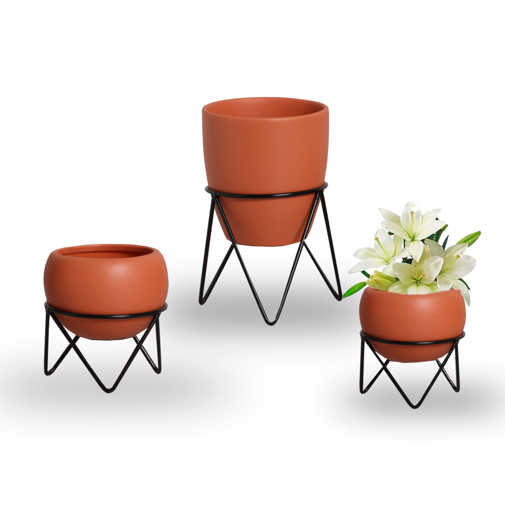 Trio de Cachepot Decorativo em Cerâmica Home Modelo Crisantemo Um, Modelo Bowl Um G e Um P Terracota
