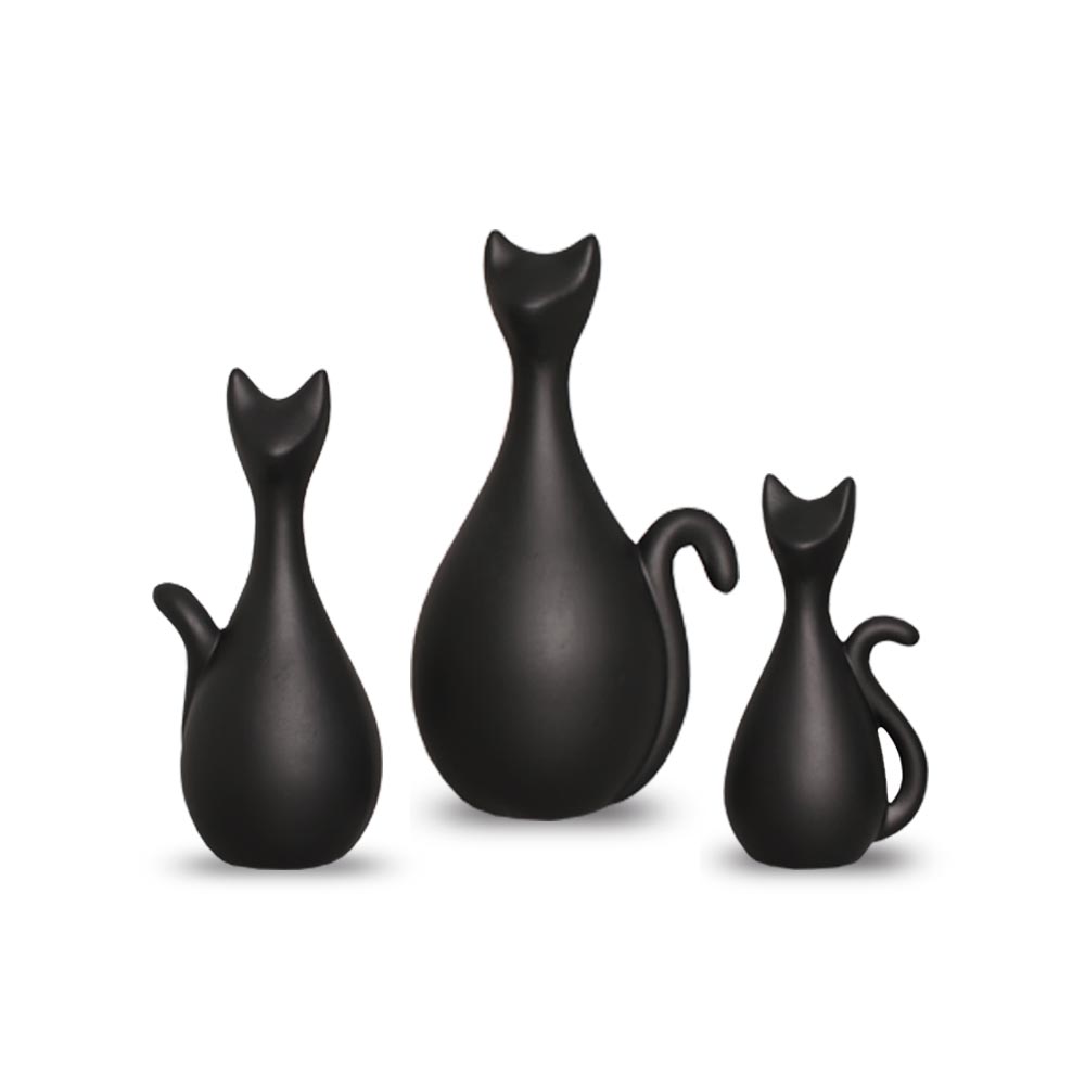 Trio de Gatos Decorativos em Cerâmica Home Preto Fosco