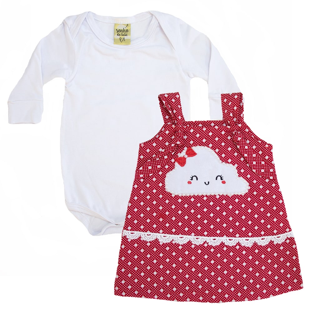 Conjunto Bebê Vestido Nuvem Branco e Vermelho  - Jeito Infantil