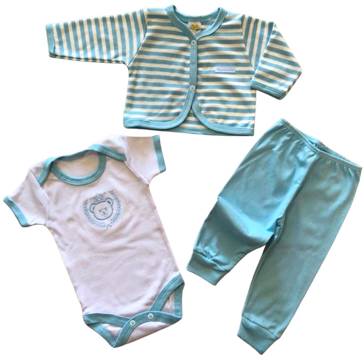 Conjuntinho Kit 3 Peças Puro Carinho Azul Bebê - Body, Mijão e Casaco