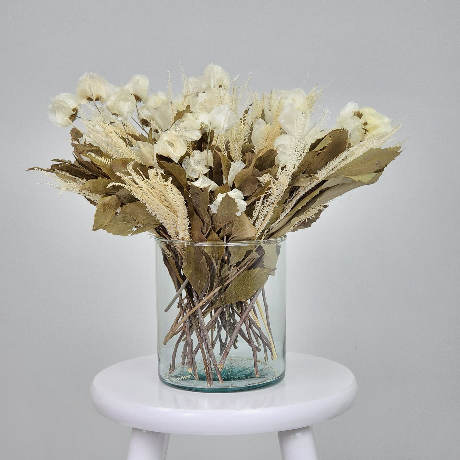 Arranjo Desidratado Centro de Mesa Flores Adoráveis Branco e Verde + Vaso