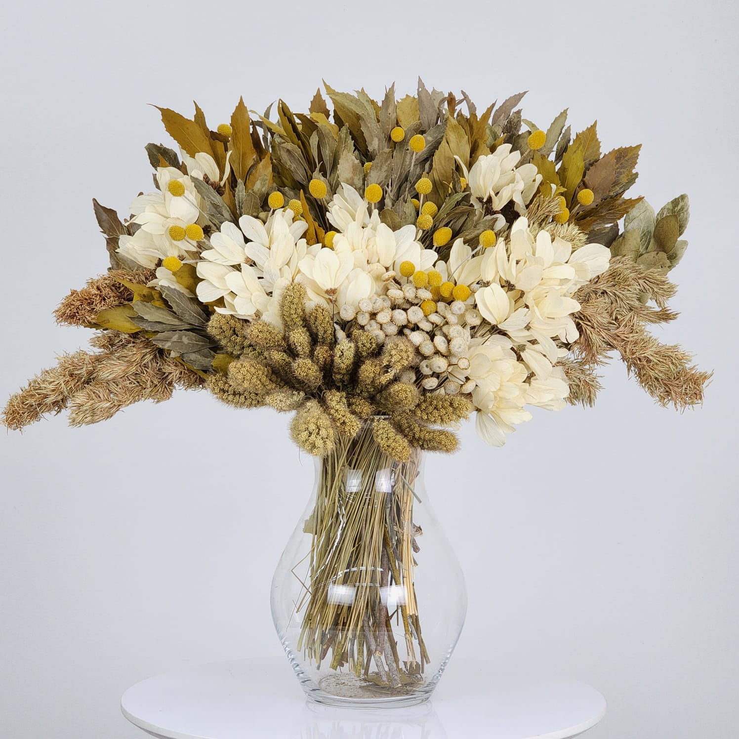 Arranjo Desidratado Flores Raras Craspedias + Vaso em Vidro Polonês