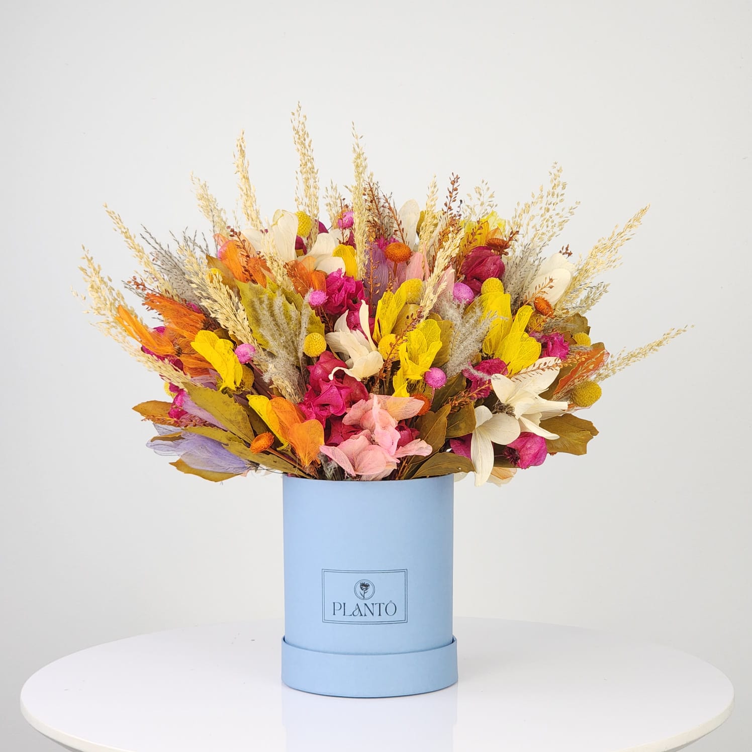 Box de Flores Desidratadas Presenteável Flourish com Caixa Azul Clara P