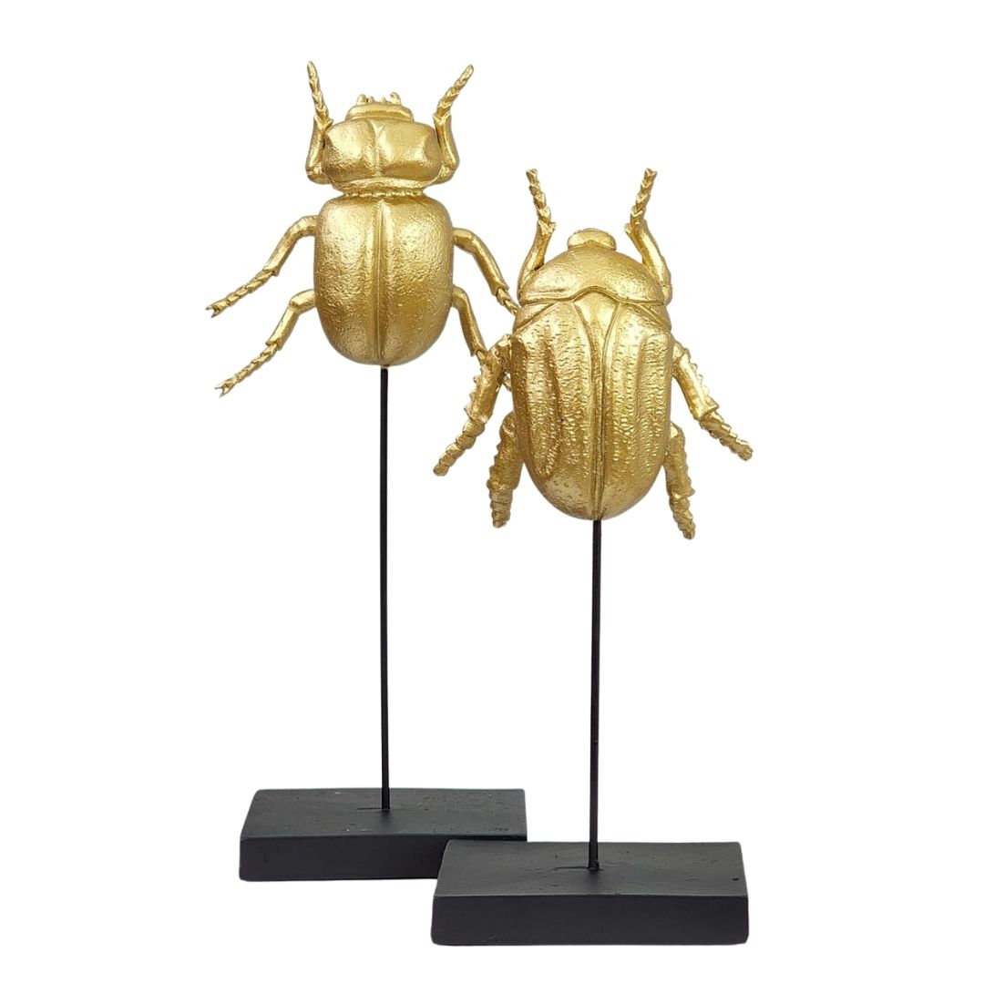 Dupla de Esculturas Decorativas Besouros Dourados em Poliresina com Suporte em Metal 11 x 32 e 11 x 28 cm