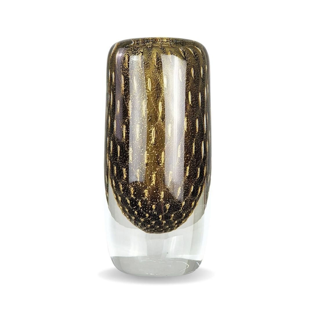 Vaso de Murano Quad Tela Fumê com Ouro 24k Cristais Cá d'Oro 10x20