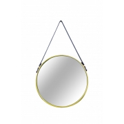 Espelho Louise redondo dourado em metal com alça de couro