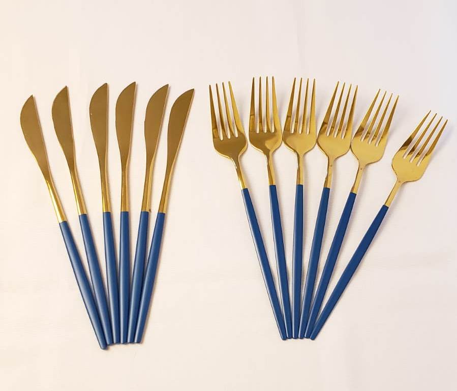 Conjunto de garfo e faca em Inox - Azul e Dourado