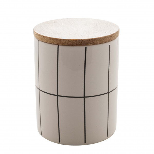 Potiche de ceramica c/tampa de bambu Quadriculado branco G