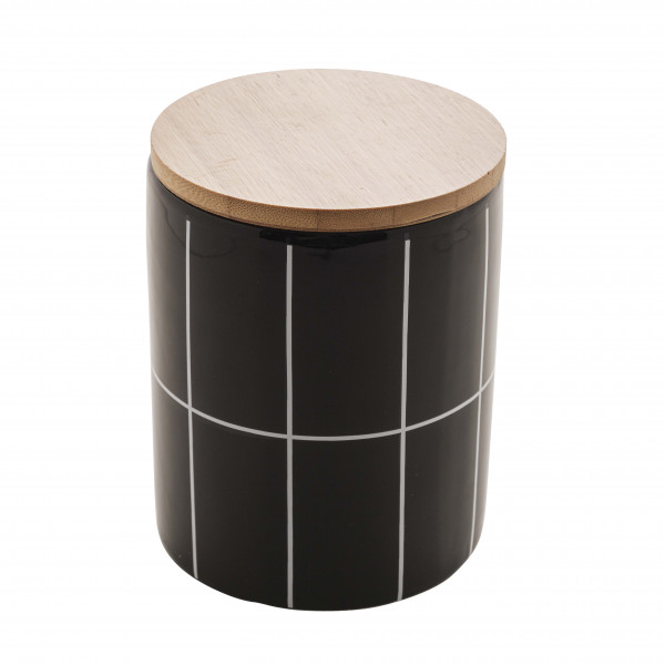 Potiche de ceramica c/tampa de bambu Quadriculado preto P