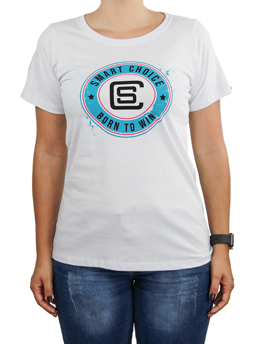 Camiseta Feminina Smart Branca Logo Azul