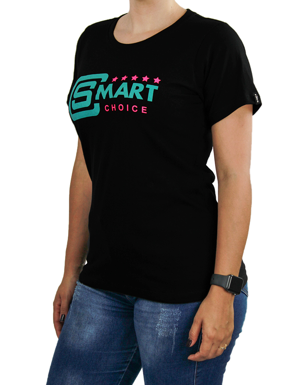 Camiseta Feminina Smart Preta Silk Turquesa e Rosa