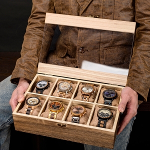 Caixa organizadora de relógio de madeira, 8 espaços.