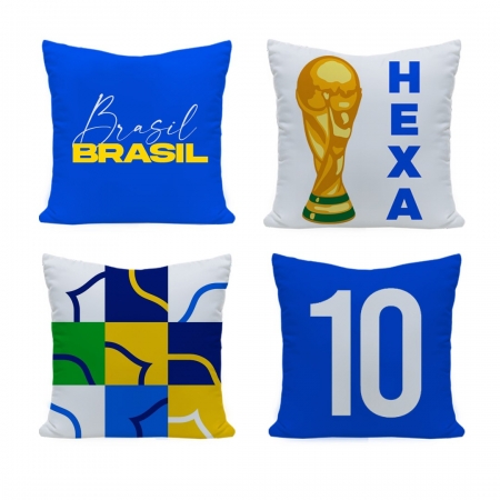 Kit 04 Capas de Almofada Seleção Brasileira Copa do Mundo 45cm x 45cm Tecido Peletizado - Azul