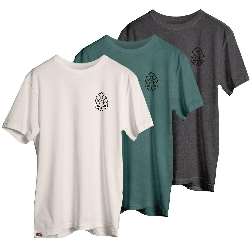 Kit 3 Camisetas Hopskull Contorno - Preta Estonada, Off White e Verde Estonada