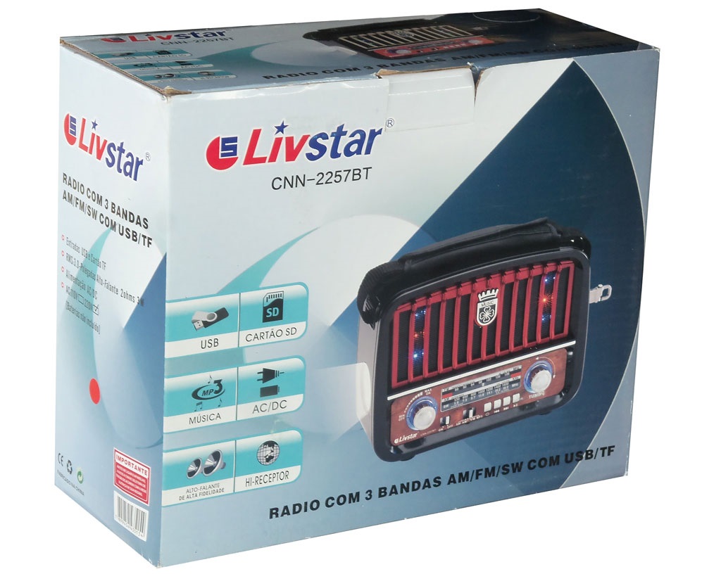 Radio retro Livstar com Lanterna usb sd Bluetooth pilha 110v 220v recarregavel