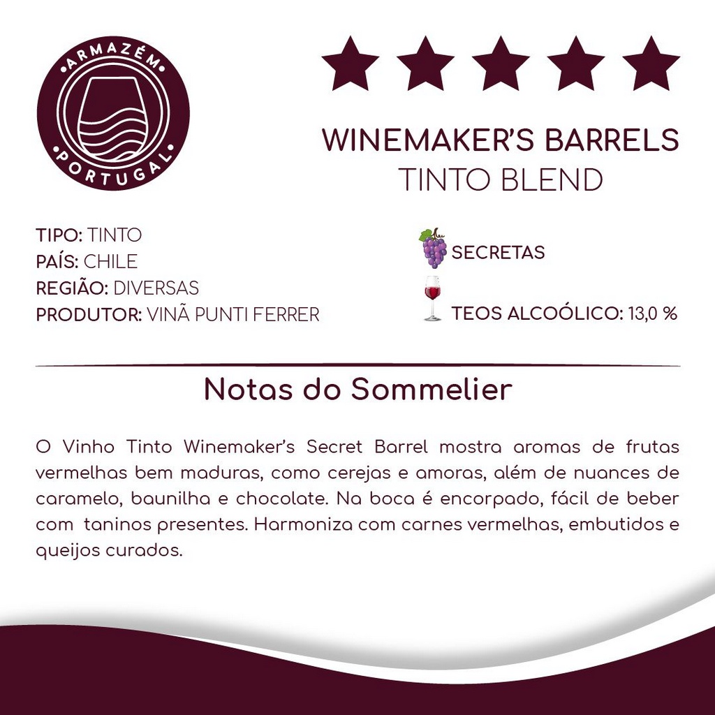 Vinho Chileno Tinto The Winemaker's Secret Barrel Blend Garrafa 1 Litro