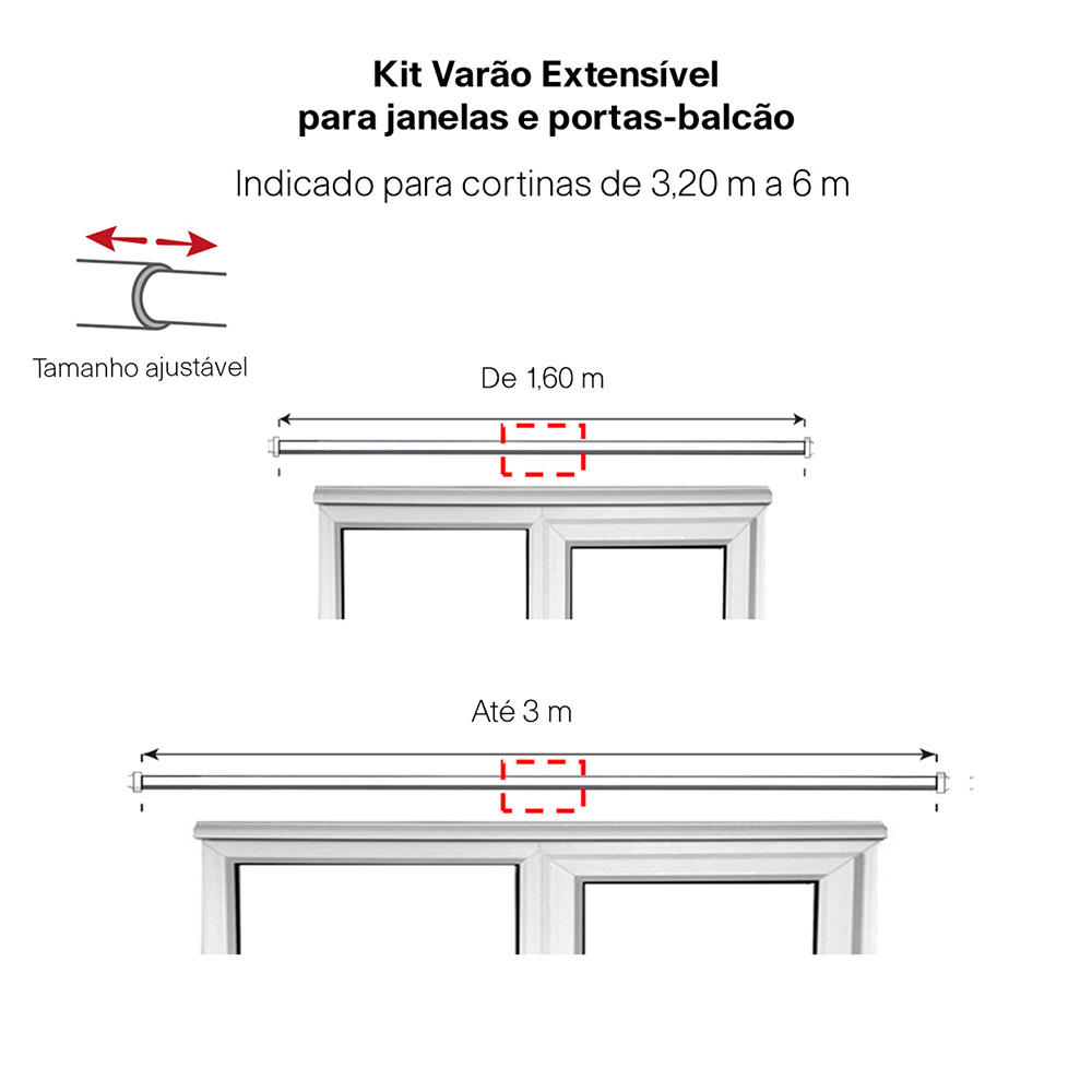 Kit Varão P Cortina Extensivo 1,60a 3,00M Cilindrica Cromada