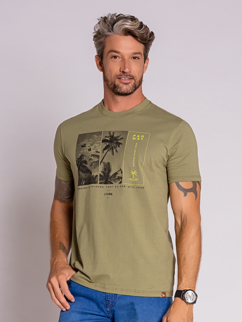 Camiseta Manga Curta Masculina de Algodão Verde  - OVBK