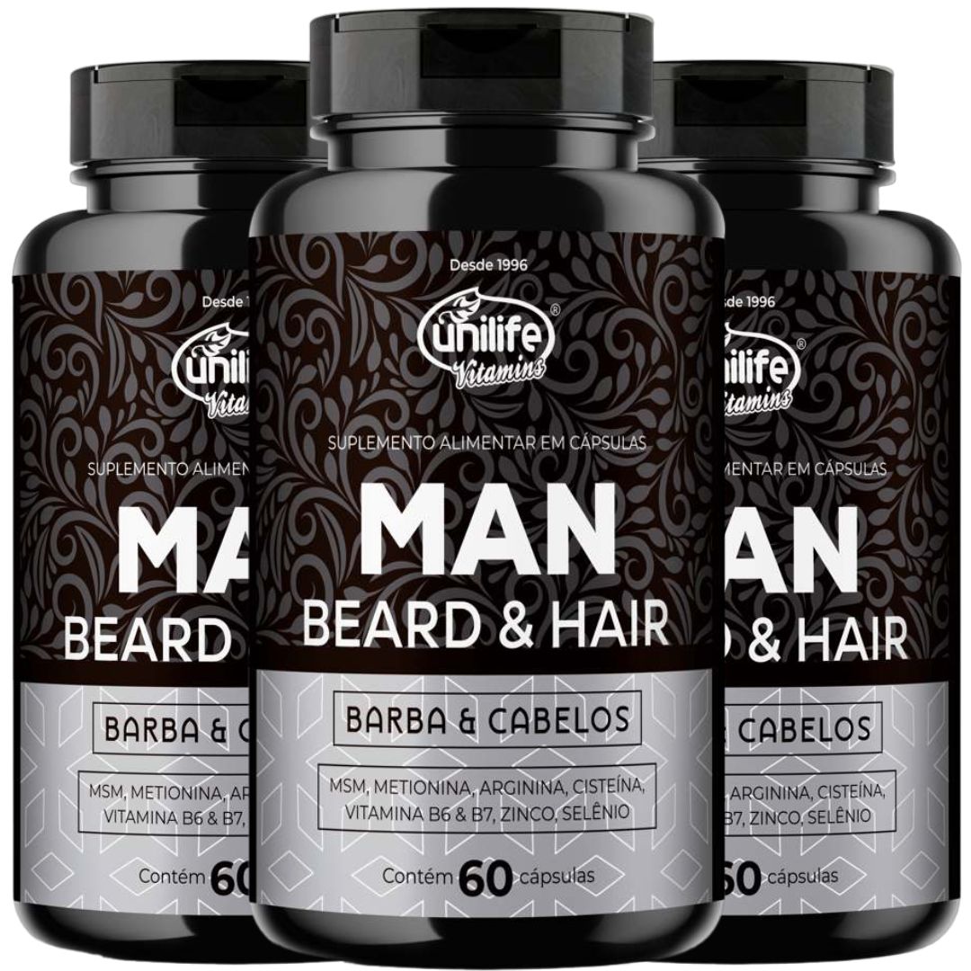 Barba e Cabelo Homem Man Selênio Zinco 60 Cáps 600mg Kit com 3