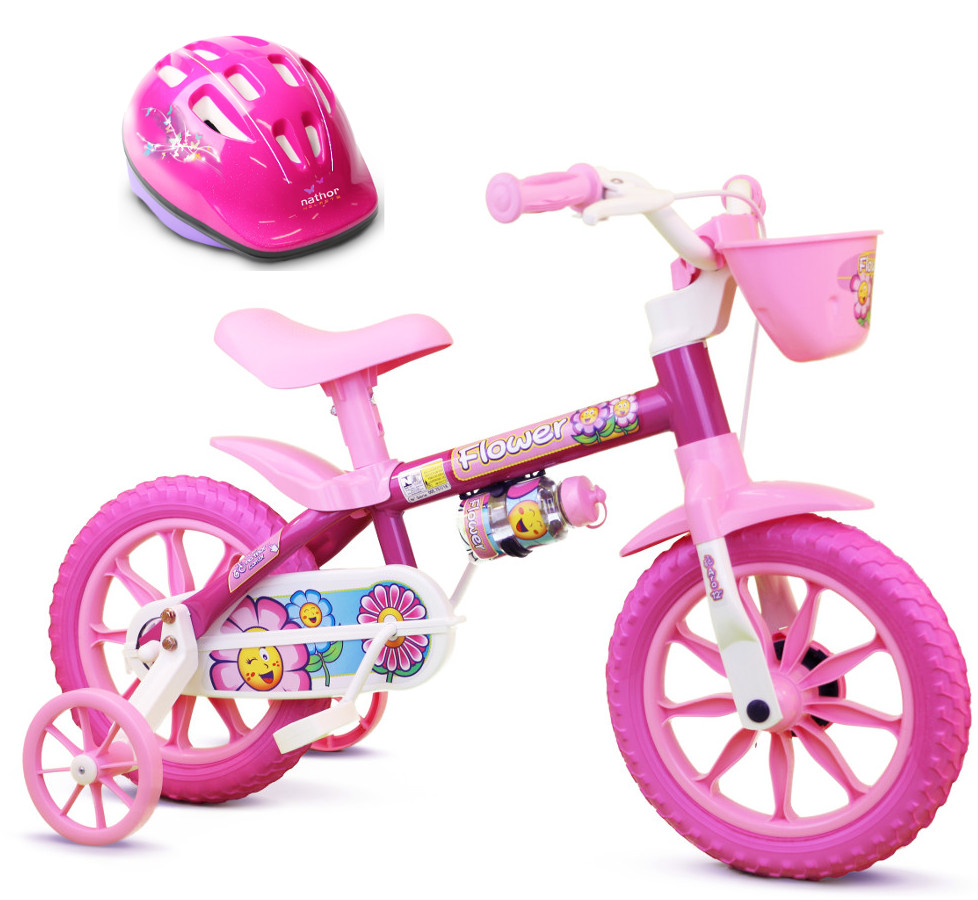 Bicicleta com Rodinha Aro 12 Infantil Menina Capacete Flower Nathor