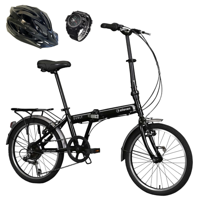 Bicicleta Dobrável Alumínio Aro 20 6V Shimano Capacete e Relógio