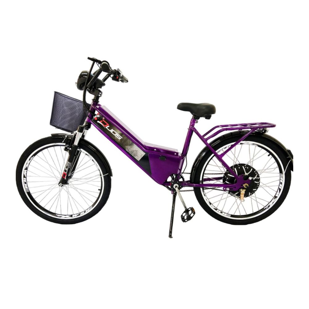 Bicicleta Elétrica Aro 24 com Bateria de Lítio 48V Confort Violeta Cestinha