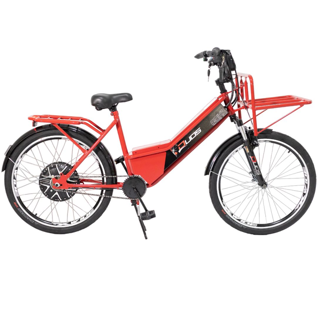 Bicicleta Elétrica Cargo 800W 48V 12Ah Aro 26 Vermelha