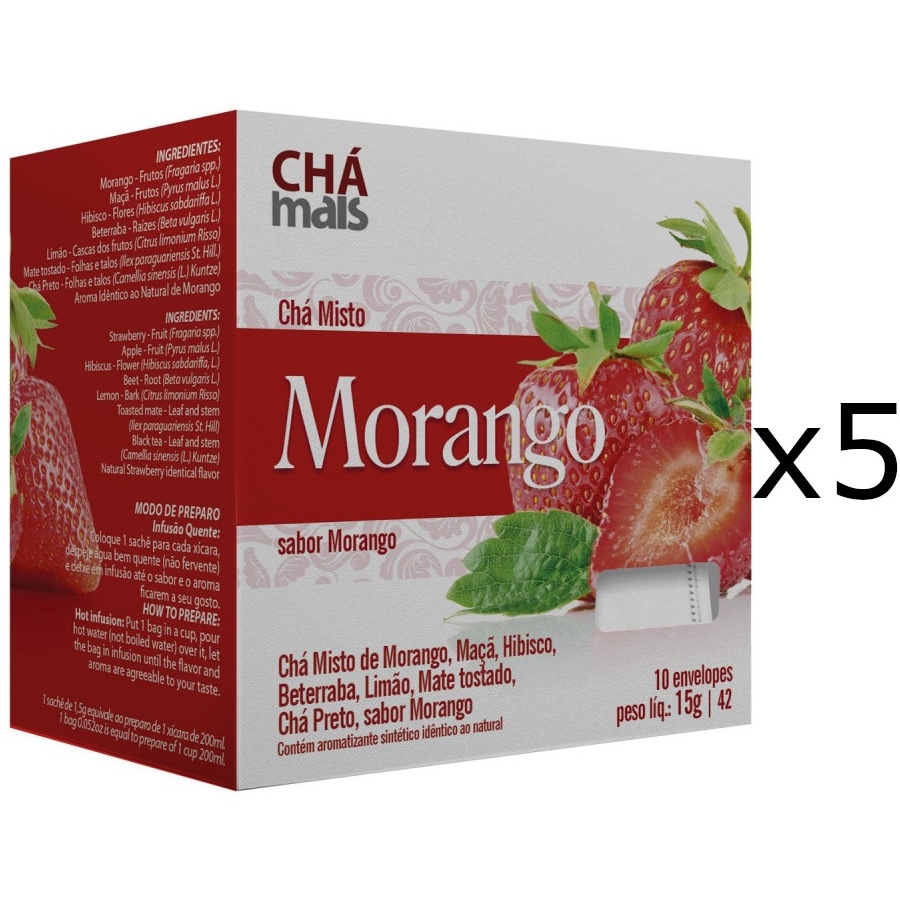 Chá de Morango Kit com 5 Caixas de 10 Sachês cada