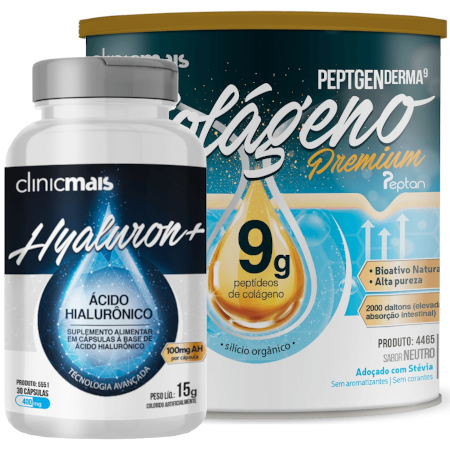 Kit com Colágeno Hidrolisado 9g Silício Orgânico Neutro 300g + Ácido Hialurônico 30 Caps 400 mg