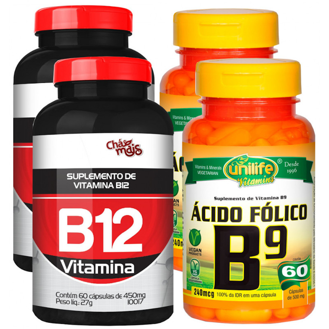Vitamina B12 e Vitamina B9 Ácido Fólico Kit Especial com 4 Frascos