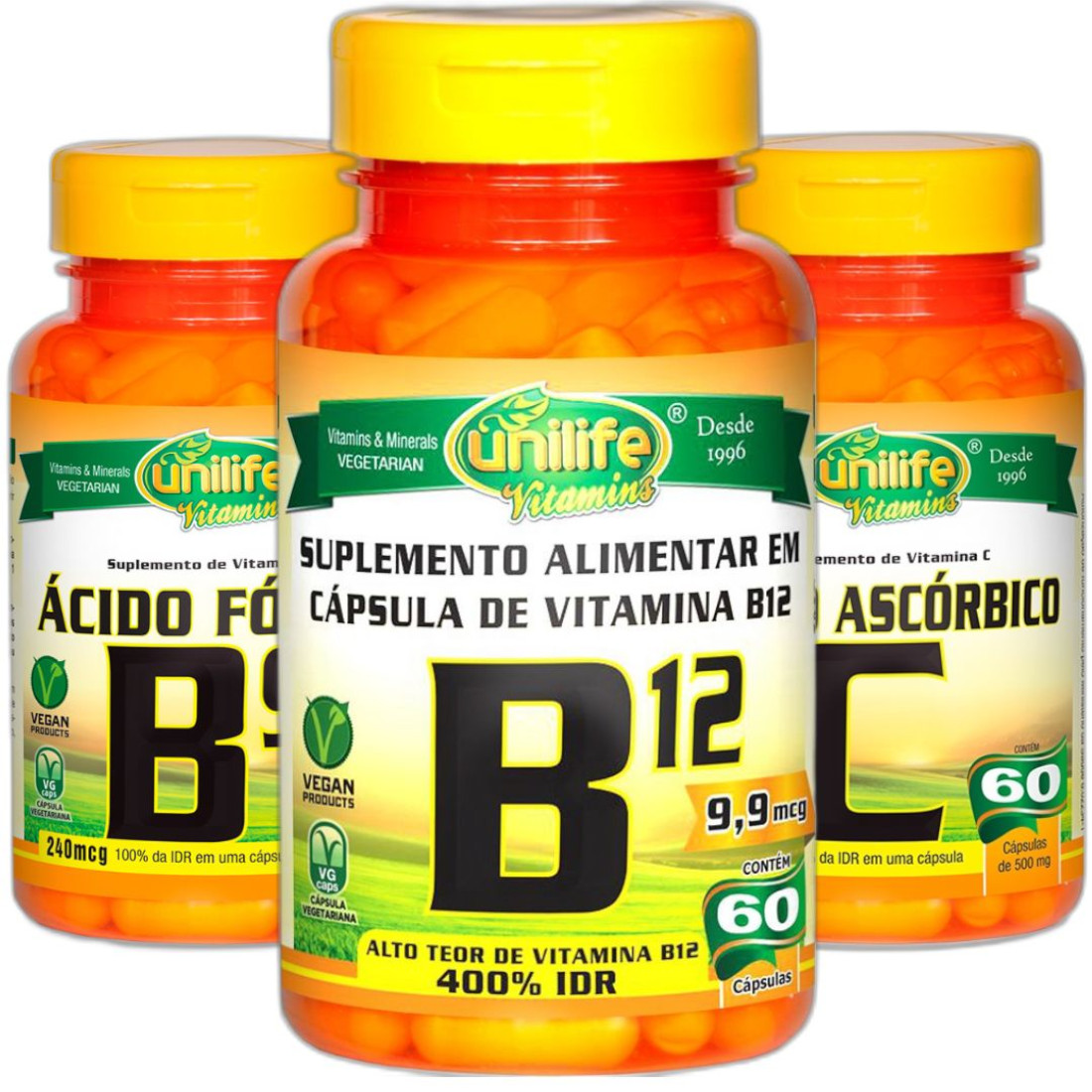 Vitamina B12 Vitamina B9 e Vitamina C Kit Suplemento Vegano