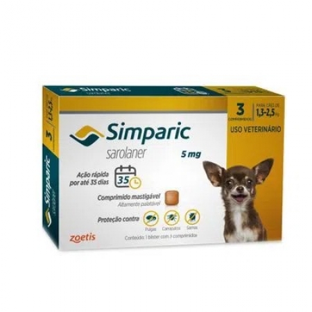Simparic para Cães de 1,3 a 2,5kg (5 mg) - Antipulgas Combo com 3 comprimidos
