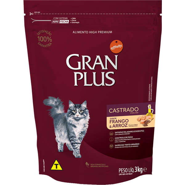 Ração Gran Plus Frango e Arroz para Gatos Castrados Adultos 3kg
