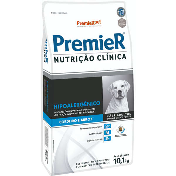 Ração Premier Nutrição Clínica Hipoalergênico Cordeiro e Arroz para Cães Adultos Médio e Grande Porte 10,1kg