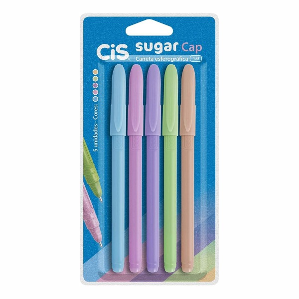 Caneta Esferográfica Sugar Cap embalagem com 5 cores